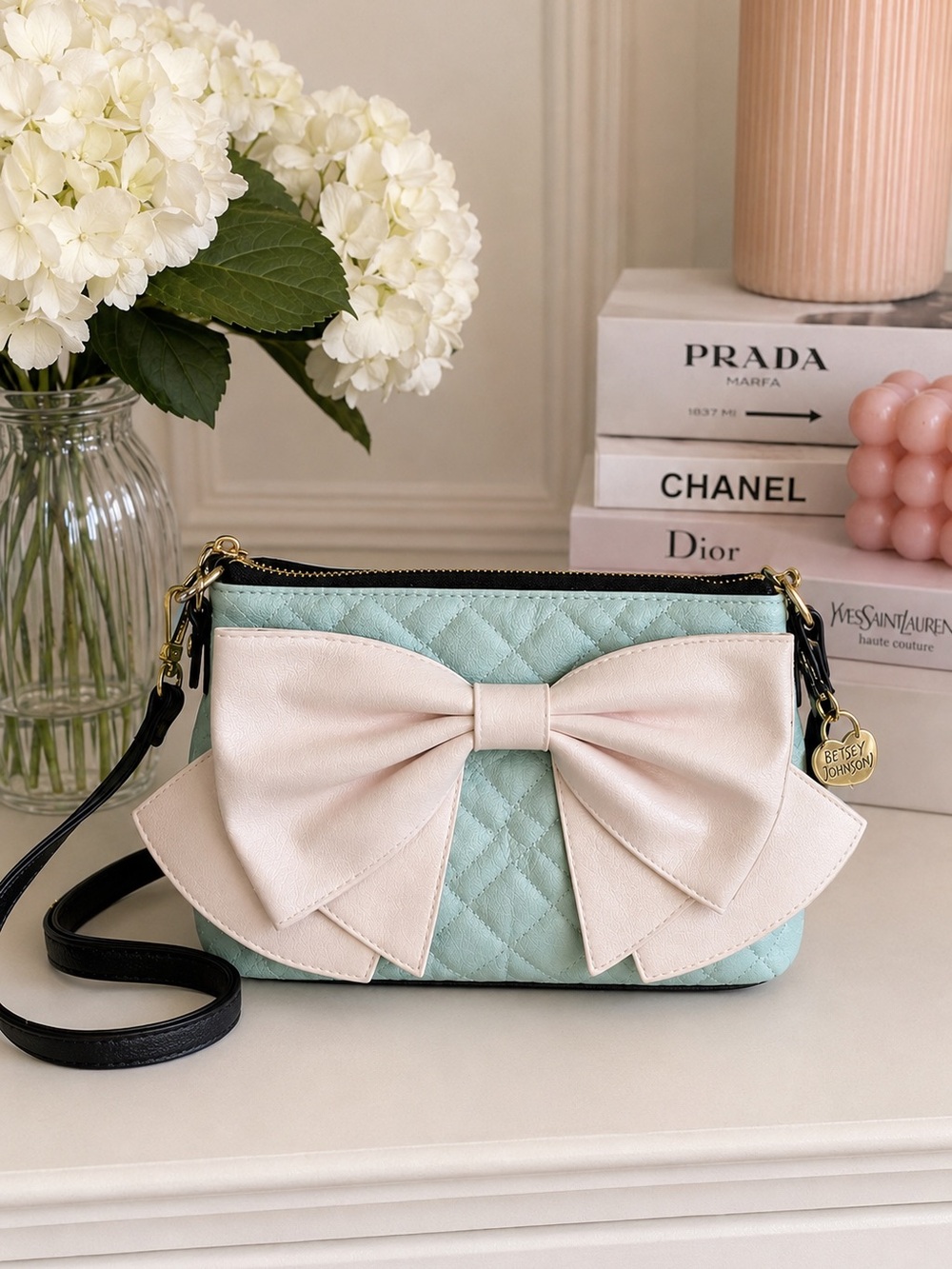 Betsey Johnson Mint Quilted Bow Crossbody Bag Heart Charm Y2K Coquette